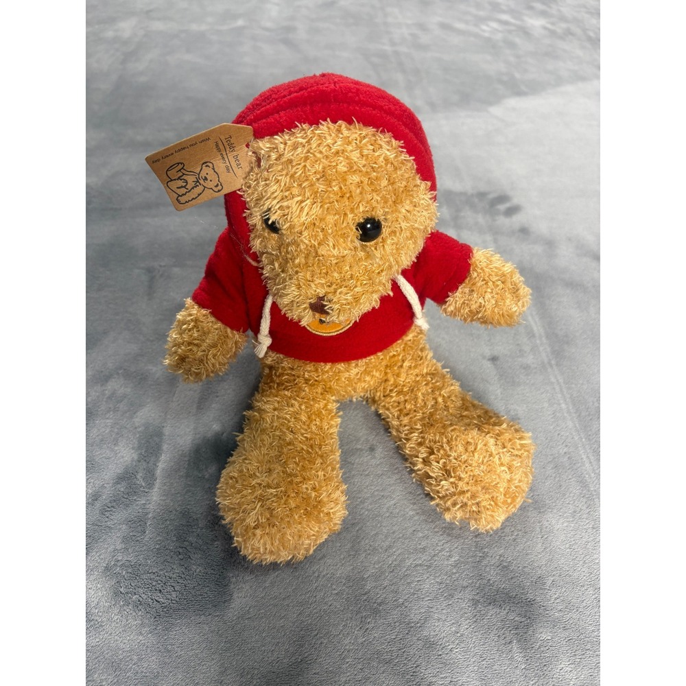 Teddy Bear Plush Stuffed Animal 13in Brown Textured Curly Fur Red Hoodie Patch